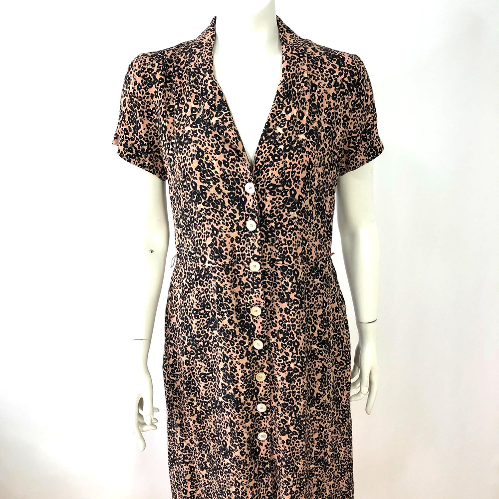 Wilfred Small Viscose Rayon V-Neck Collared Below Knee Dress Pink Black MINT